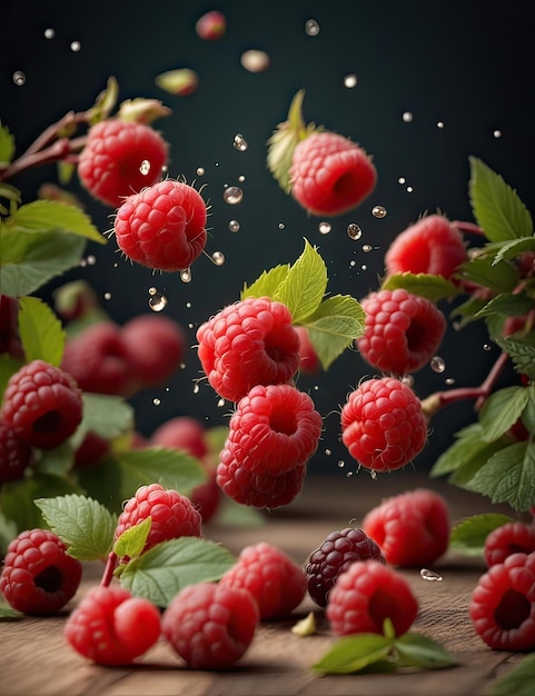 Fresh raspberry falling into the water with splashes on wooden background
