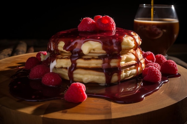 Fresh raspberry pancake stack on wooden plate with chocolate sauce generated