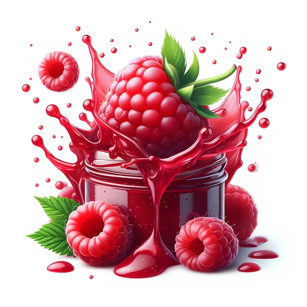 fresh raspberry with raspberry jam splash isolated on white background