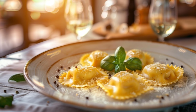 Fresh ravioli with cheese on a plate