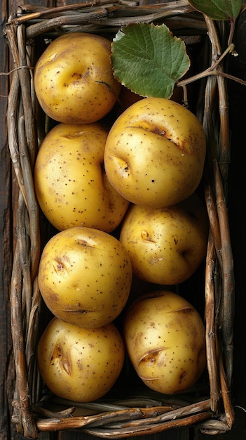 Fresh raw baby potato in a basket over wooden background Top view