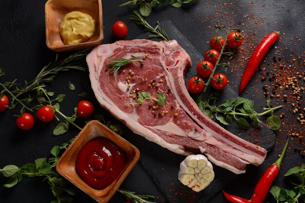 Fresh Raw Beef bone rib steak on black board with herbs and spices