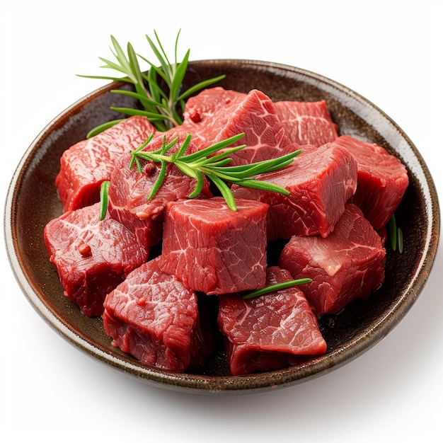 Fresh raw beef in ceramic plate isolated on white