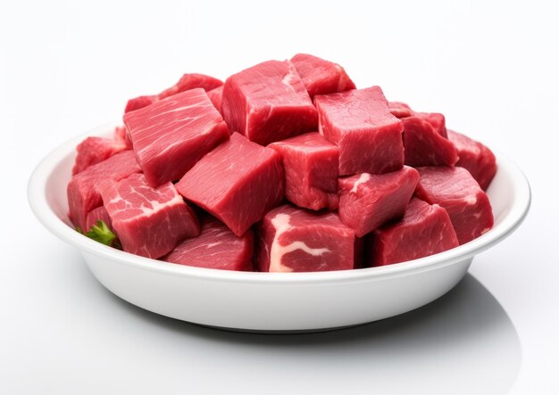 Photo fresh raw beef in ceramic plate on white background isolated
