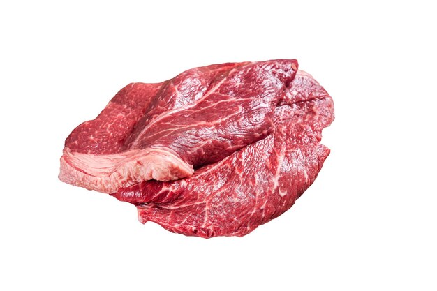 Fresh raw beef meat sirloin steaks herbs and spices around cutting board Isolated on white background