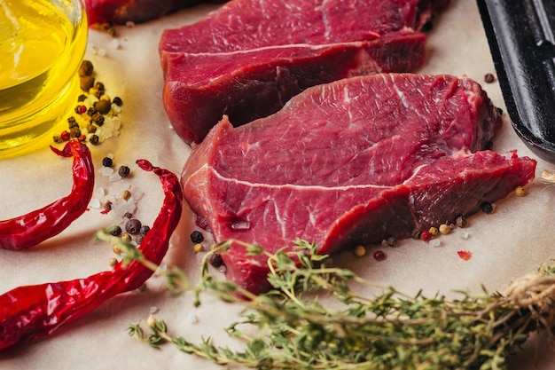 Fresh raw beef meat steak slices with spices and olive oil ready for cooking