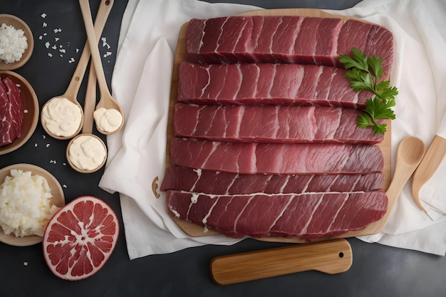 Fresh raw beef meat with cooking ingredients ready to cook top view