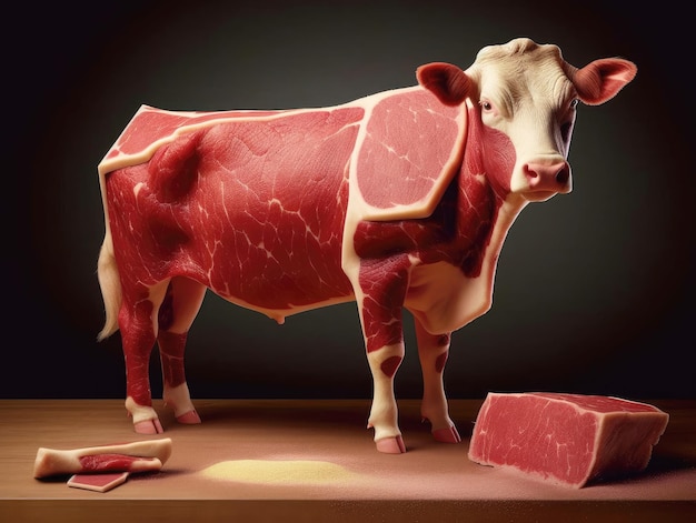 Fresh raw beef in the shape of a cow and scheme of cutting cow meat for Butcher shop