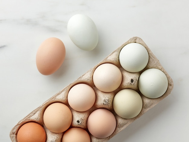 Fresh raw bio eggs in egg box, top view