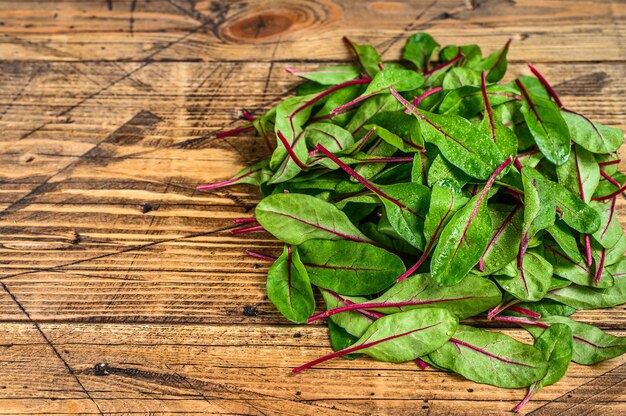 Fresh raw chard leaves,  mangold, swiss chard on a wooden kitchen table