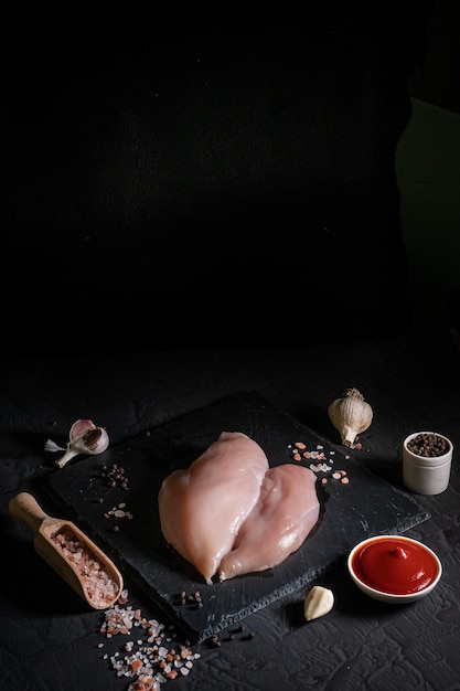 Fresh raw chicken breast fillet organic meat black background\
top view