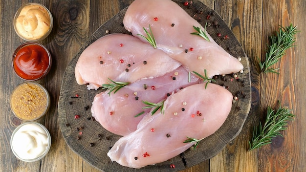 Foto filetti di petto di pollo crudi freschi cosparsi di rosmarino in grani di pepe e salse