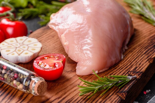 Fresh raw chicken fillet and vegetables prepared for cooking. Chicken breast raw on cutting board