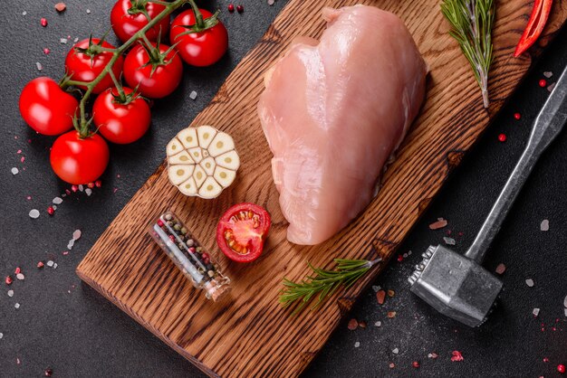 Fresh raw chicken fillet and vegetables prepared for cooking. Chicken breast raw on cutting board