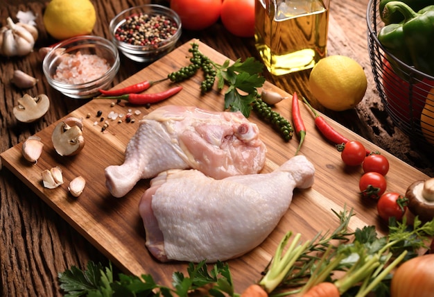 Photo fresh raw chicken thighs with ingredients for cooking on a wooden cutting board