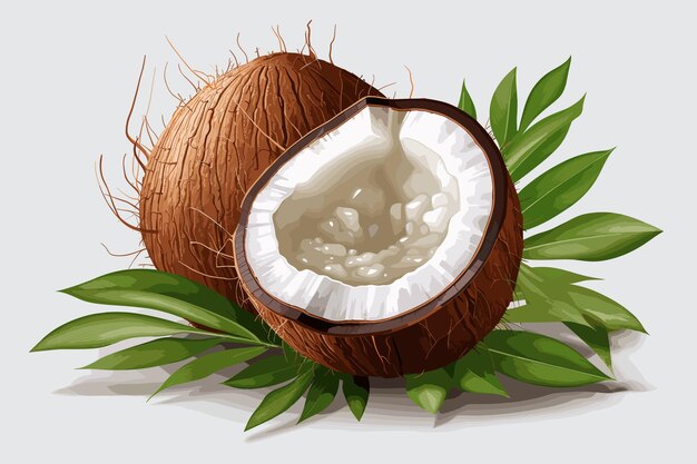 Fresh raw coconut with palm leaves isolated on white background Vector illustration