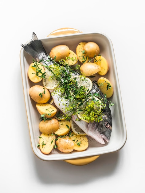 Fresh raw dorada with lemon fennel thyme and potatoes in a baking dish on a light background top view Cooking delicious food