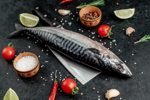 Fresh raw fish mackerel on a knife with spices on a stone background