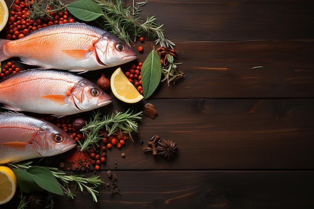 Fresh raw fish with herbs and spices on wooden table top view space for text