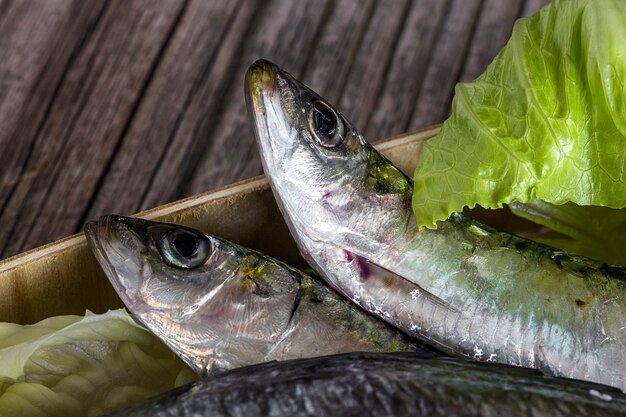 Fresh raw fish on wooden board. Background. From above