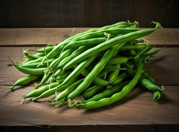 Fresh and raw french beans or bush beans on wooden table Phaseolus vulgaris copyspace Created with Generative AI technology