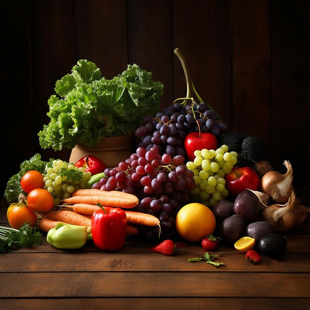 Photo fresh raw fruit and vegetables on brown wooden table