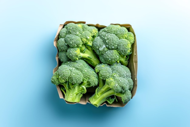 Fresh raw green broccoli in eco friendly cardboard box on blue background with water drops