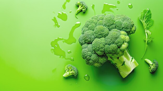 Fresh raw green broccoli on green background with water drops and copy space