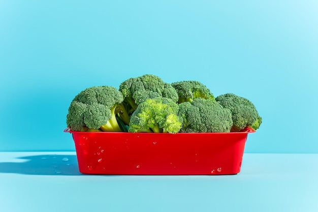 Fresh raw green broccoli in red container on blue background with water drops