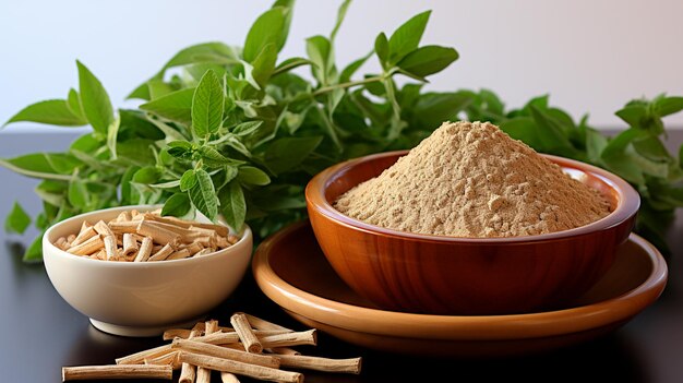 fresh raw green and brown cinnamon sticks in wooden bowl on black background top view copy space for your text