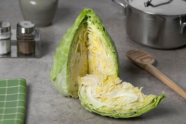 Fresh raw green pointed cabbage close up