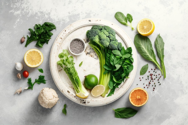 Fresh raw greens unprocessed vegetables and grains over light grey marble kitchen countertop wtite plate in center top view copy space Healthy clean eating vegan detox dieting food concept