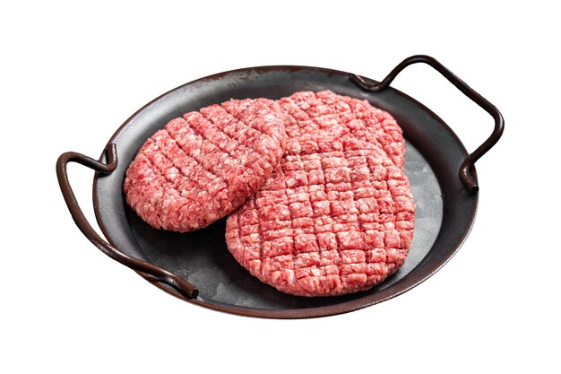 사진 색 바탕에 고립된 강철 트레이에 신선한 원시 집에서 만든 고기 스테이크 햄버거