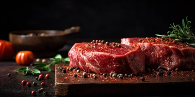 Photo fresh raw meat on board with spices on dark background