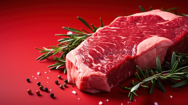 Fresh raw meat on red background