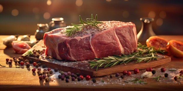 Свежее сырое мясо на деревянном фоне Натуральные специи Фото высокого качества Generative AI