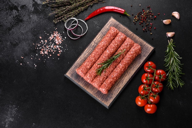 Fresh raw mince for grilled kebab with spices and herbs on a dark concrete surface