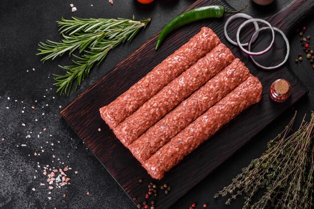 Fresh raw mince for grilled kebab with spices and herbs on a dark concrete table