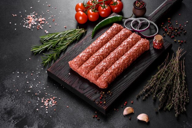 Fresh raw mince for grilled kebab with spices and herbs on a dark concrete