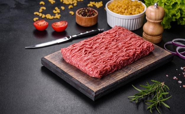 Fresh raw mince with spices and herbs on a dark concrete background