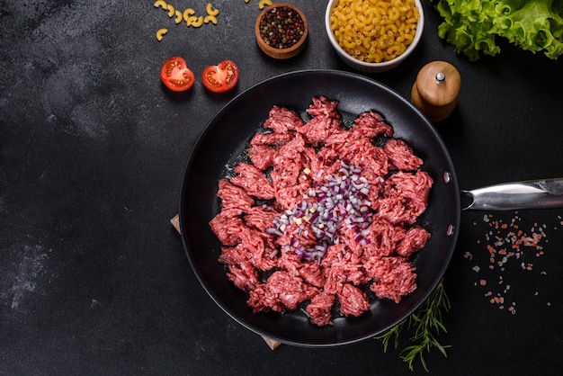 Fresh raw mince with spices and herbs on a dark concrete background