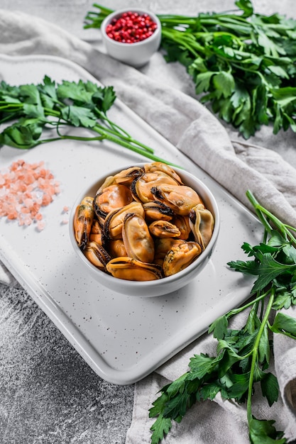 Fresh raw mussel on a chopping Board. 