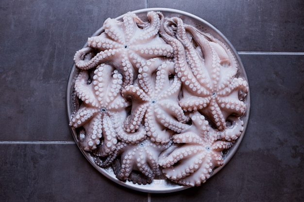 Fresh raw octopus on a large platter