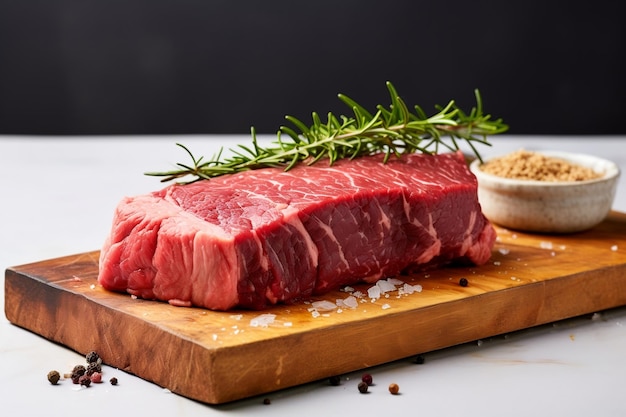 A Fresh Raw Organic Beef Steak Cut on a Wooden Surface Generative Ai