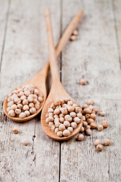 Fresh raw organic chickpeas in wooden spoons on rustic wooden table 