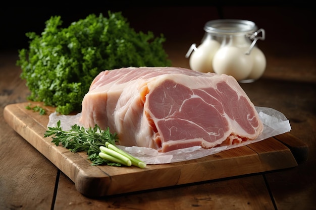 Fresh raw pork neck or collar pork on board with ingredients for marinated Ai Meat product