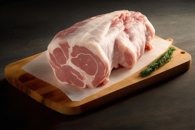 Fresh raw pork neck or collar pork on board with ingredients for marinated Ai Meat product