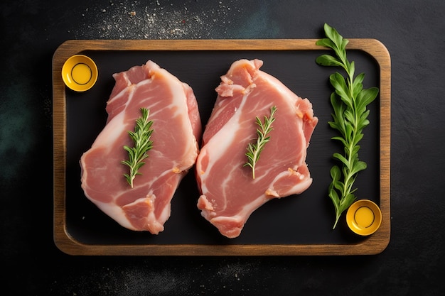 Fresh raw pork neck or collar pork on board with ingredients for marinated Ai Meat product