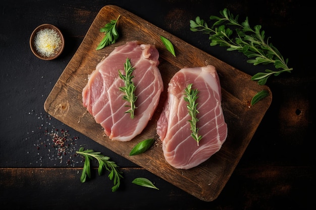 Fresh raw pork neck or collar pork on board with ingredients for marinated Ai Meat product