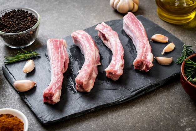 Fresh raw pork ribs with ingredients